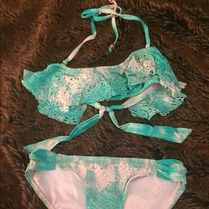 OP ruffle top bikini teal and white